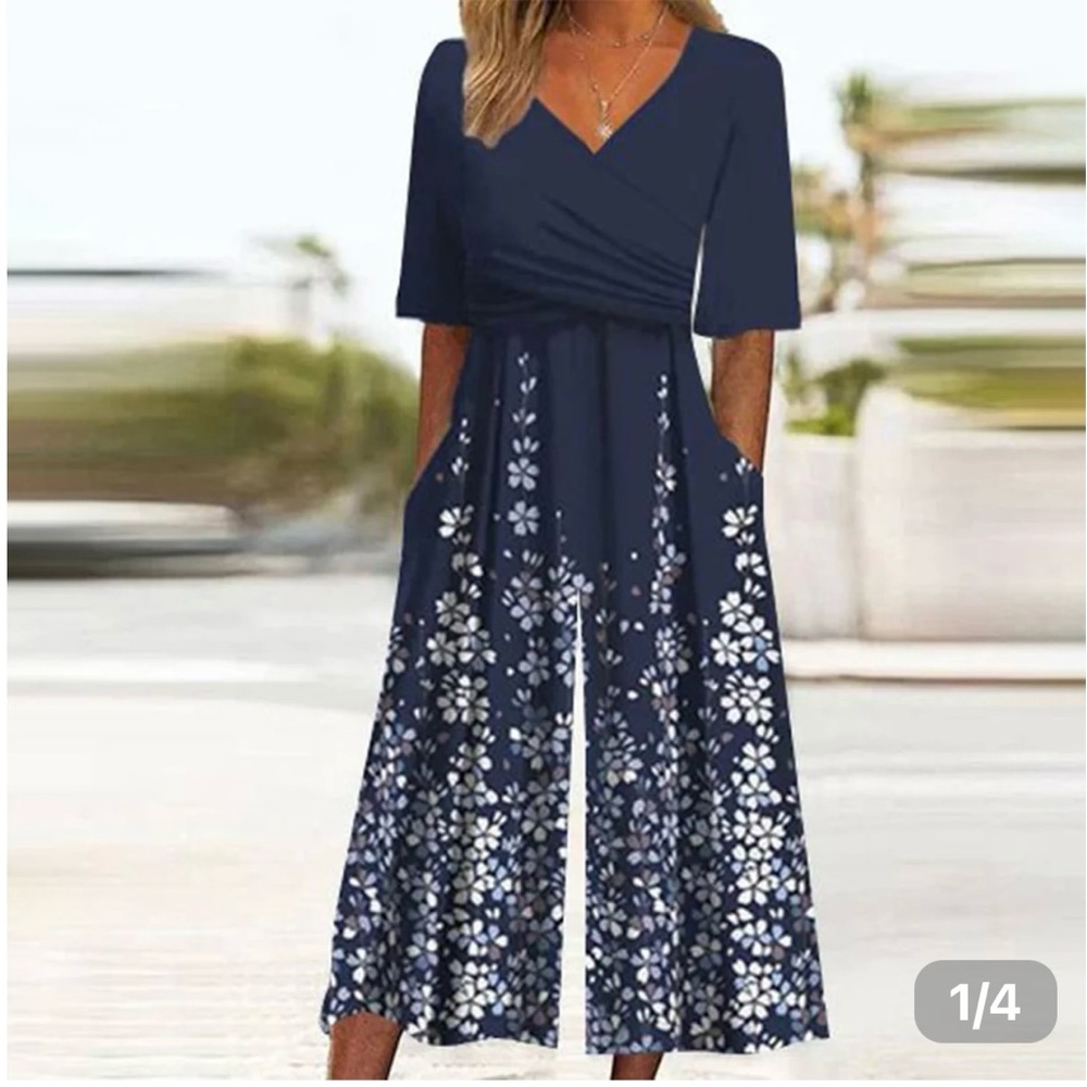 Blue and White Floral Gradient Jumpsuit with Wide-Leg Design